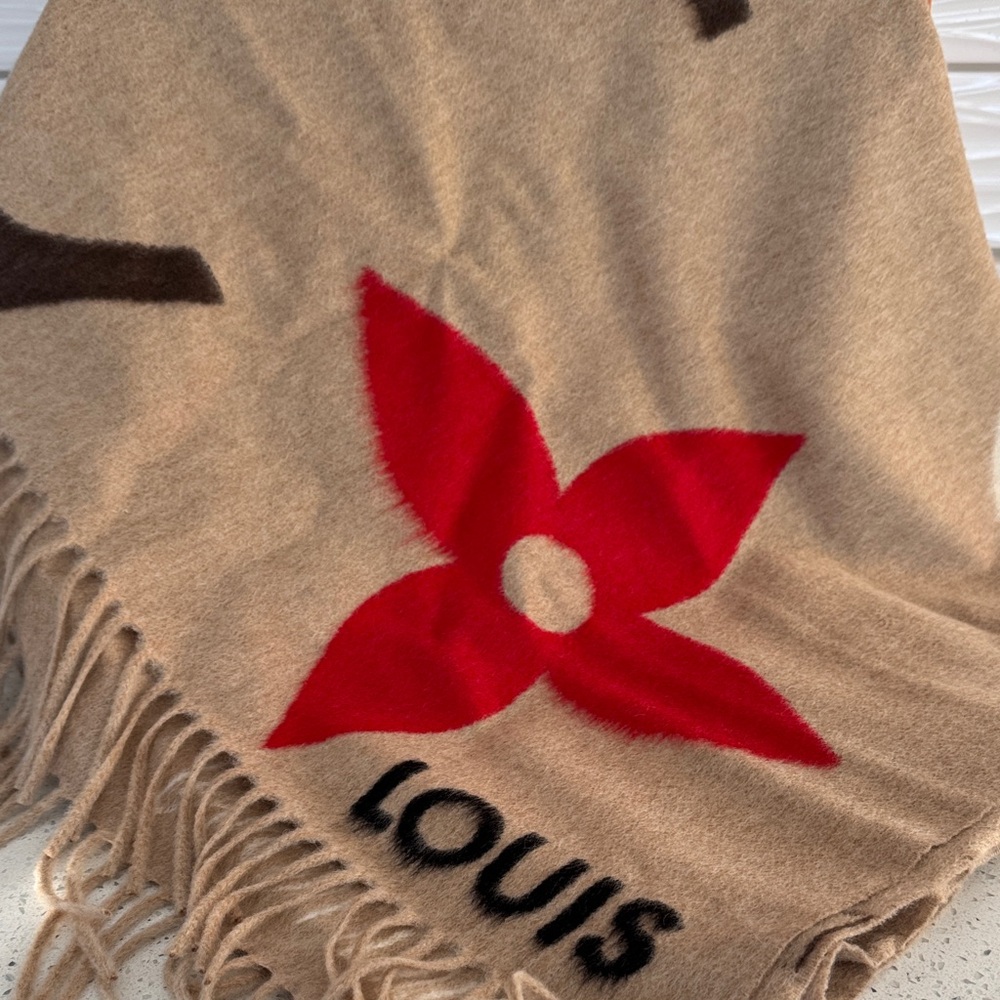 Louis Vuitton Red and Tan Floral Throw Blanket
